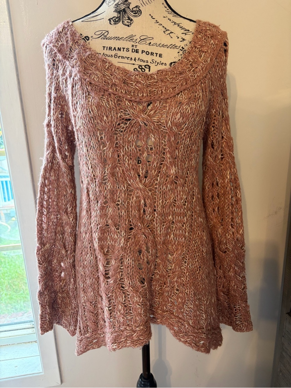 Free People Marled Pink Open Knit Crochet Oversized Bell Sleeve Sweater Size XS